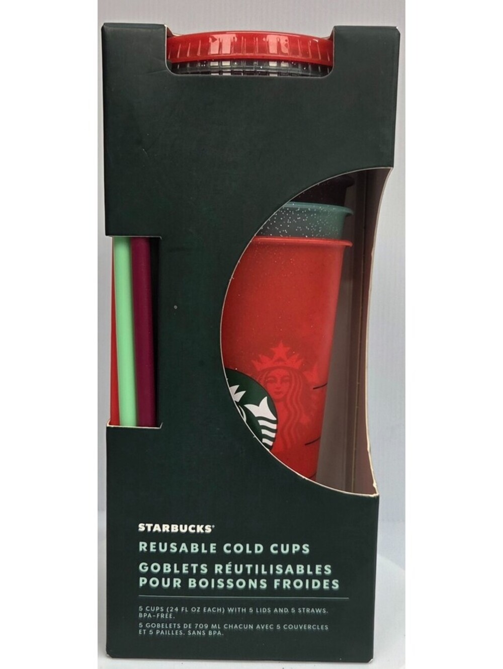Starbucks 2020 Holiday Glitter Reusable Cold Cups 5-Pack 24 oz NIB Box Damage